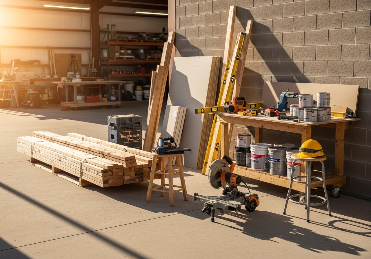Construction crew tools and materials organized on a job site, ready for home remodeling work.