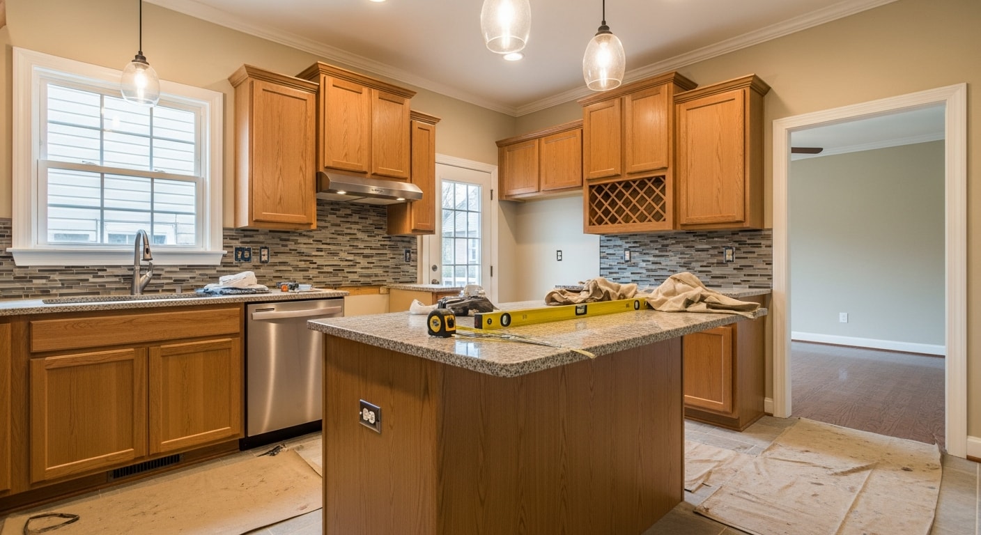 Interior home remodeling project showing kitchen and bathroom renovation work