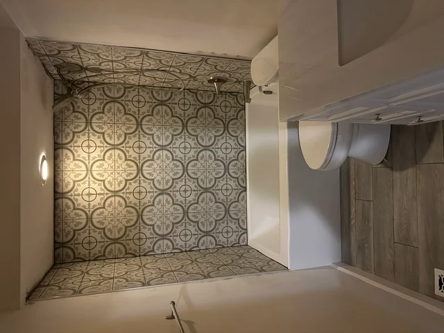 Walk-in shower with geometric patterned tile surround and matching floor in renovated bathroom