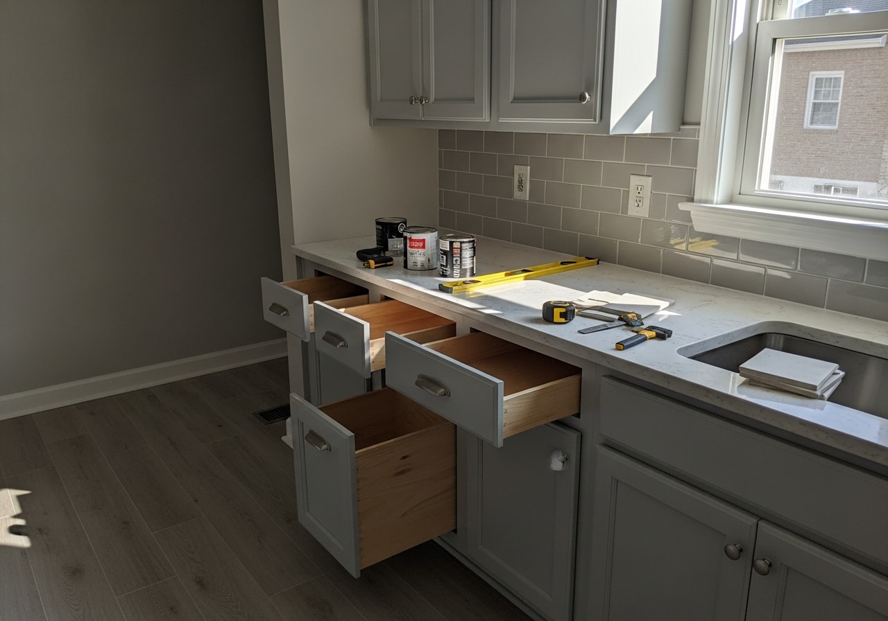 Modern kitchen with white cabinetry, quartz counters, and subway tile backsplash