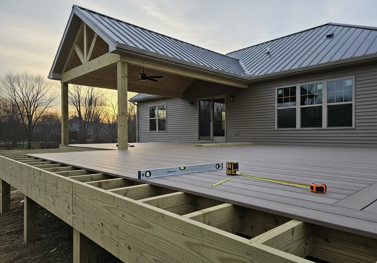 Composite deck with covered porch structure and metal roof in residential backyard