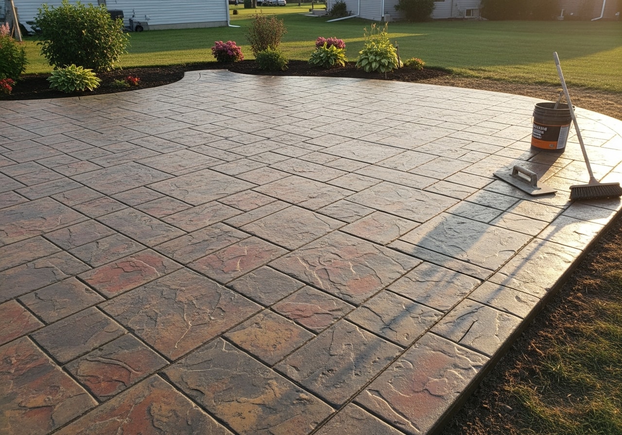 Slate-pattern stamped concrete patio with earth-tone finish in residential backyard