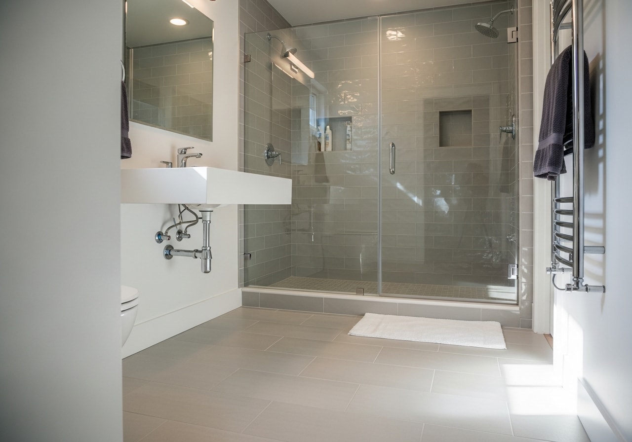 Modern master bathroom with ceramic tile shower, floating vanity, and heated floors