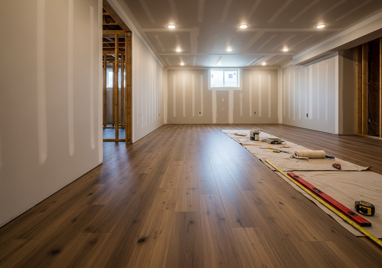 Finished basement with luxury vinyl plank flooring, drywall, and recessed lighting