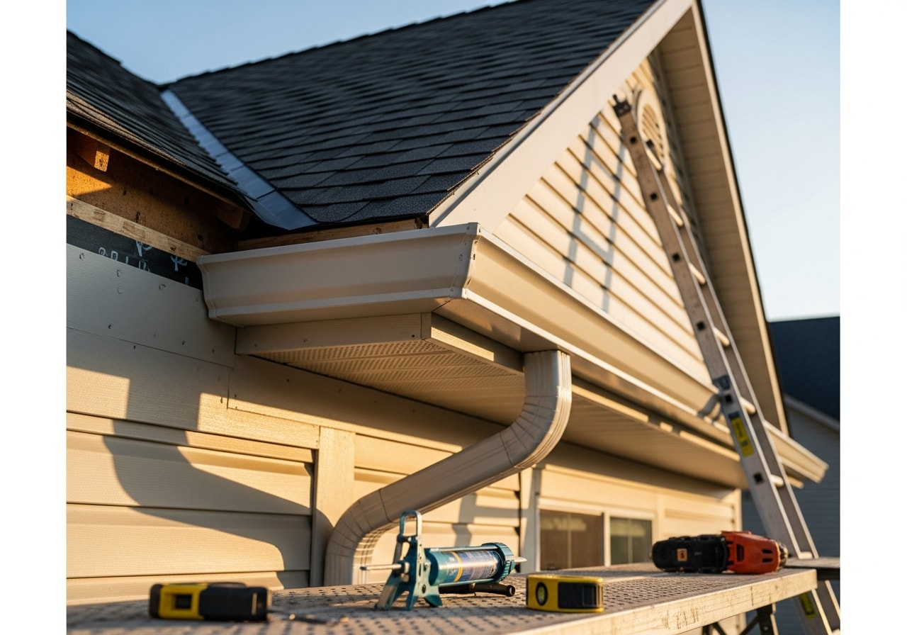 Residential home with replaced soffit, fascia, and new gutters after storm damage