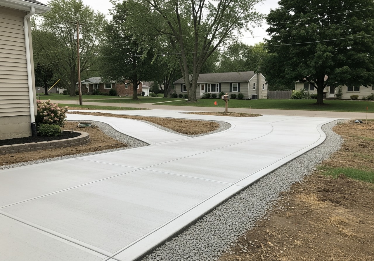 New concrete driveway and walkway with broom finish in residential property