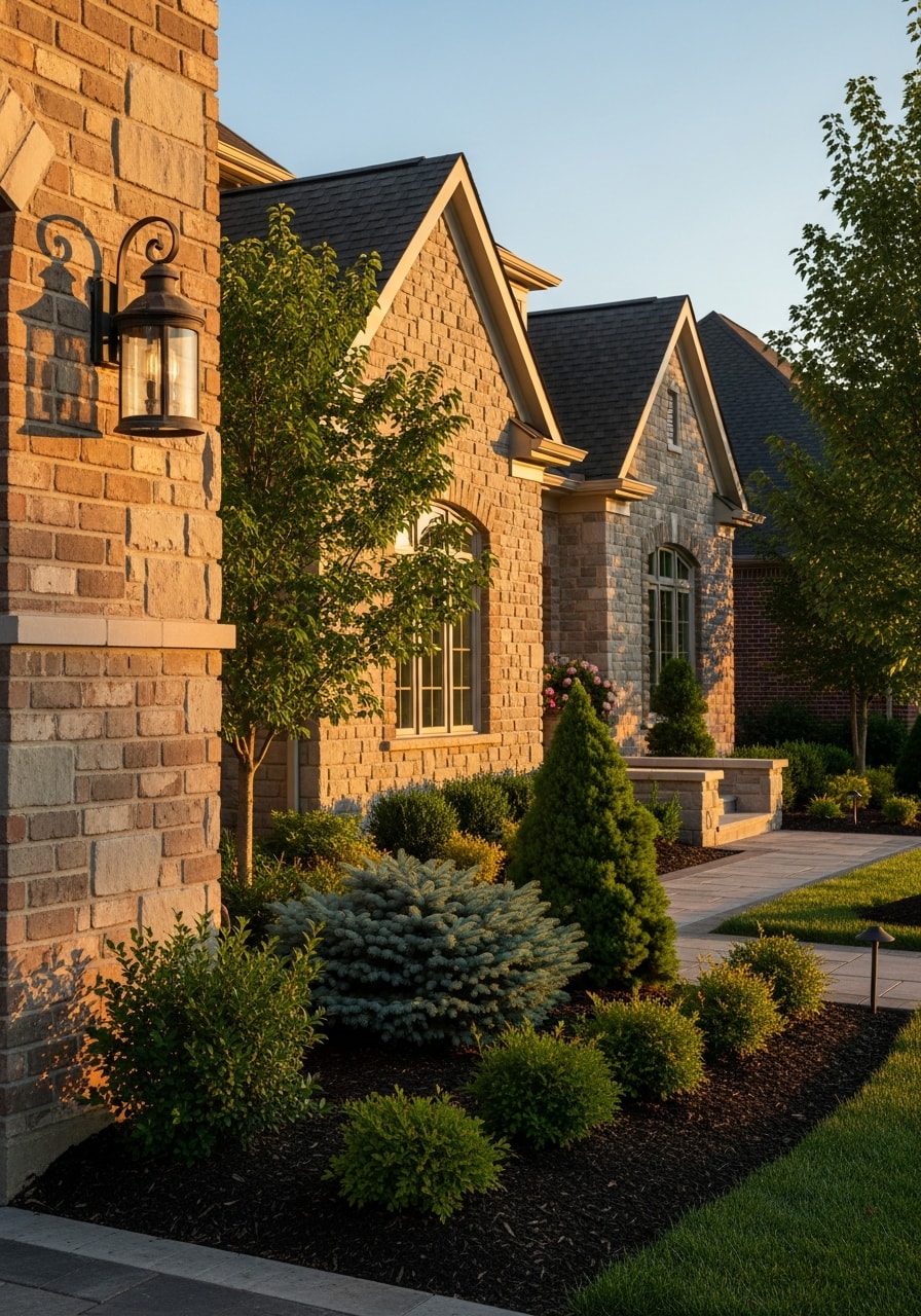 Close-up of a Beechmont home's exterior with professional landscaping and quality finishes.