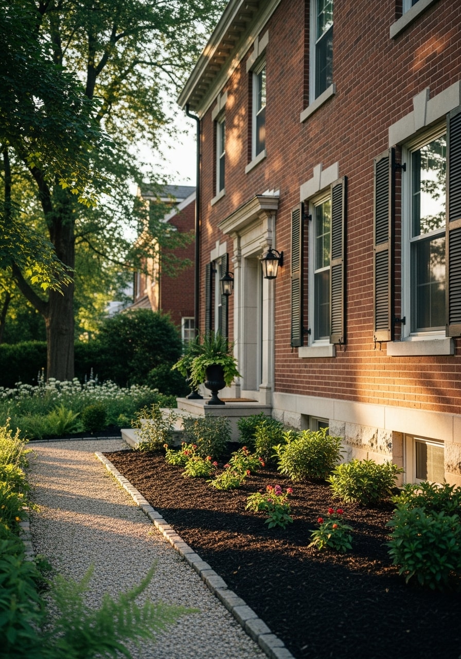 Close-up of a well-maintained Cincinnati home exterior with period details and professional landscaping.