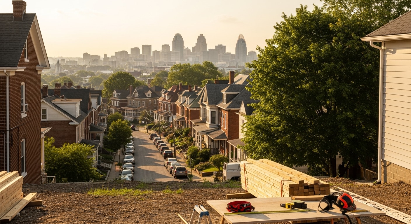 Cincinnati skyline with residential neighborhoods in the foreground, showing mixed-era homes and tree-lined streets typical of the city.