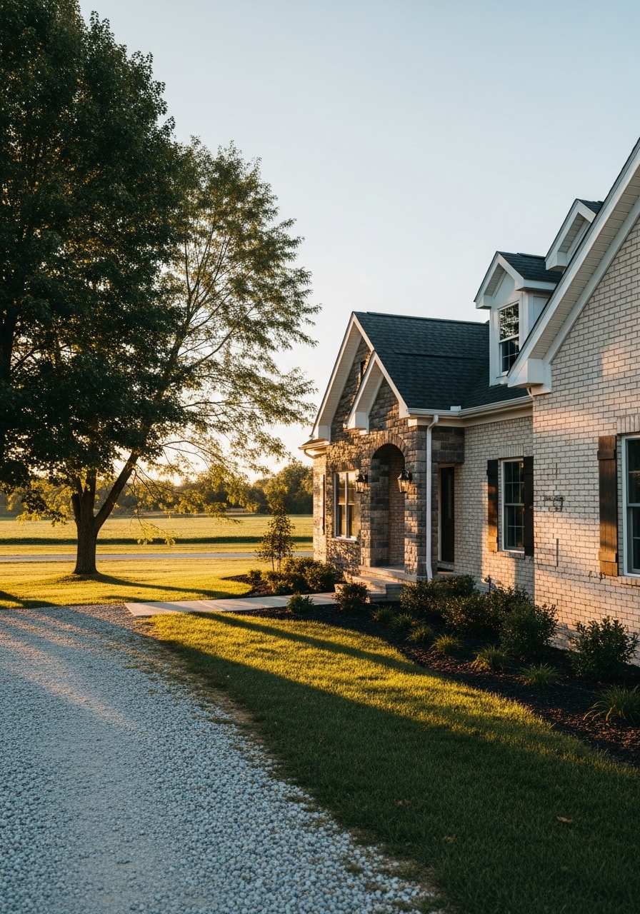 Portrait of a Georgetown home exterior with quality finishes set on rural grounds.