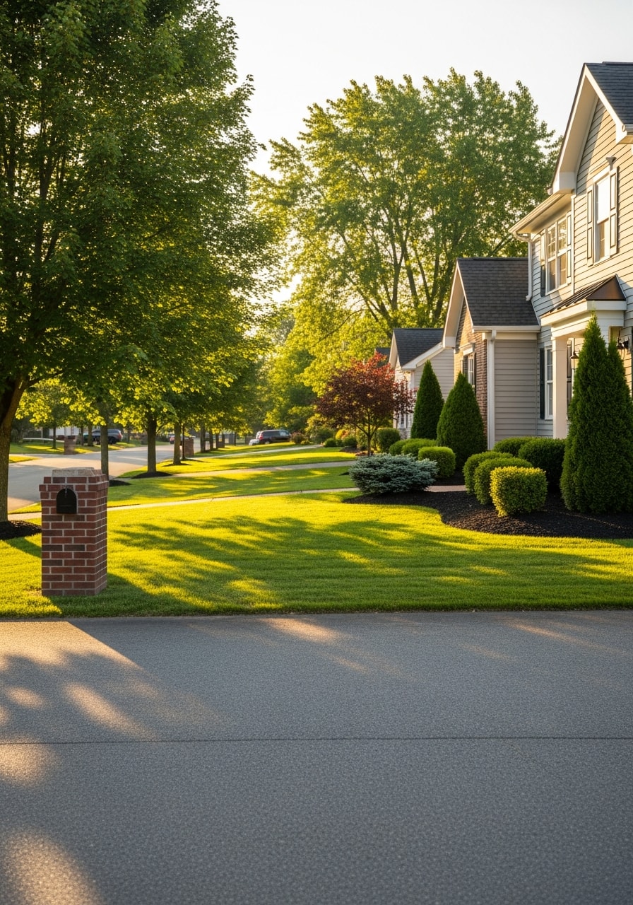 Portrait of a Milford home exterior with updated features and professional grounds maintenance.