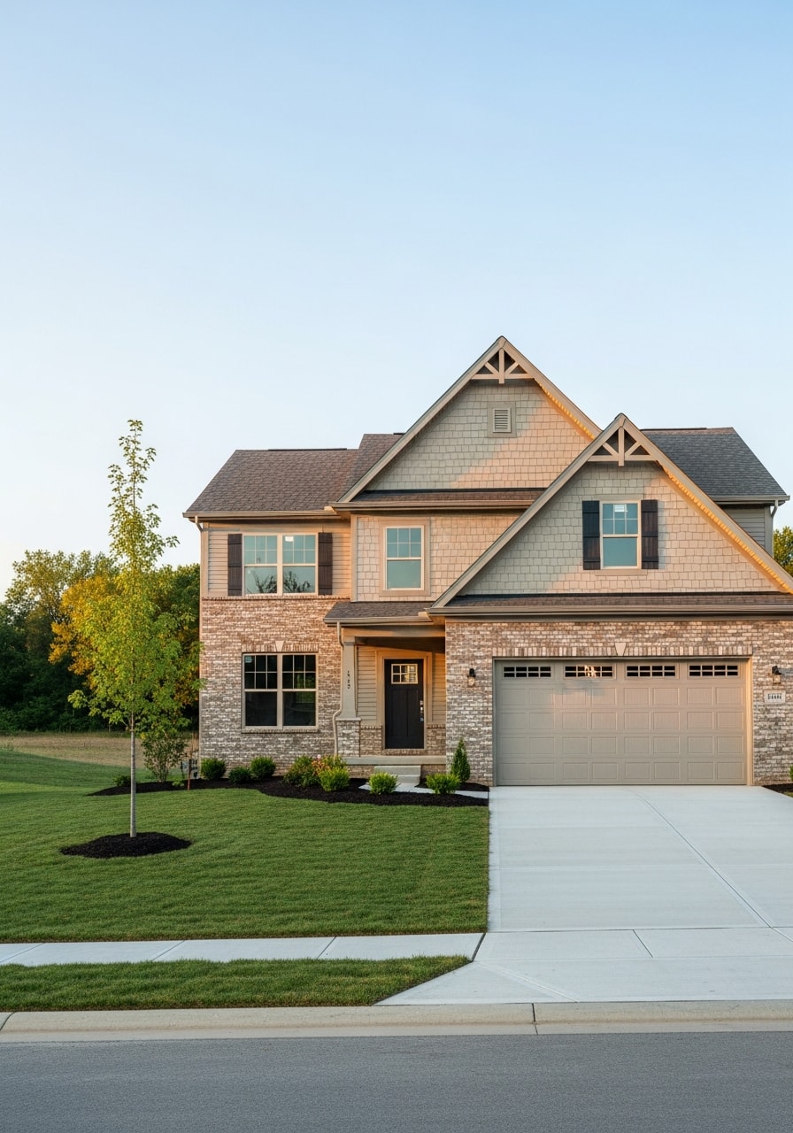 Portrait of a New Richmond home exterior with quality finishes and landscape features.