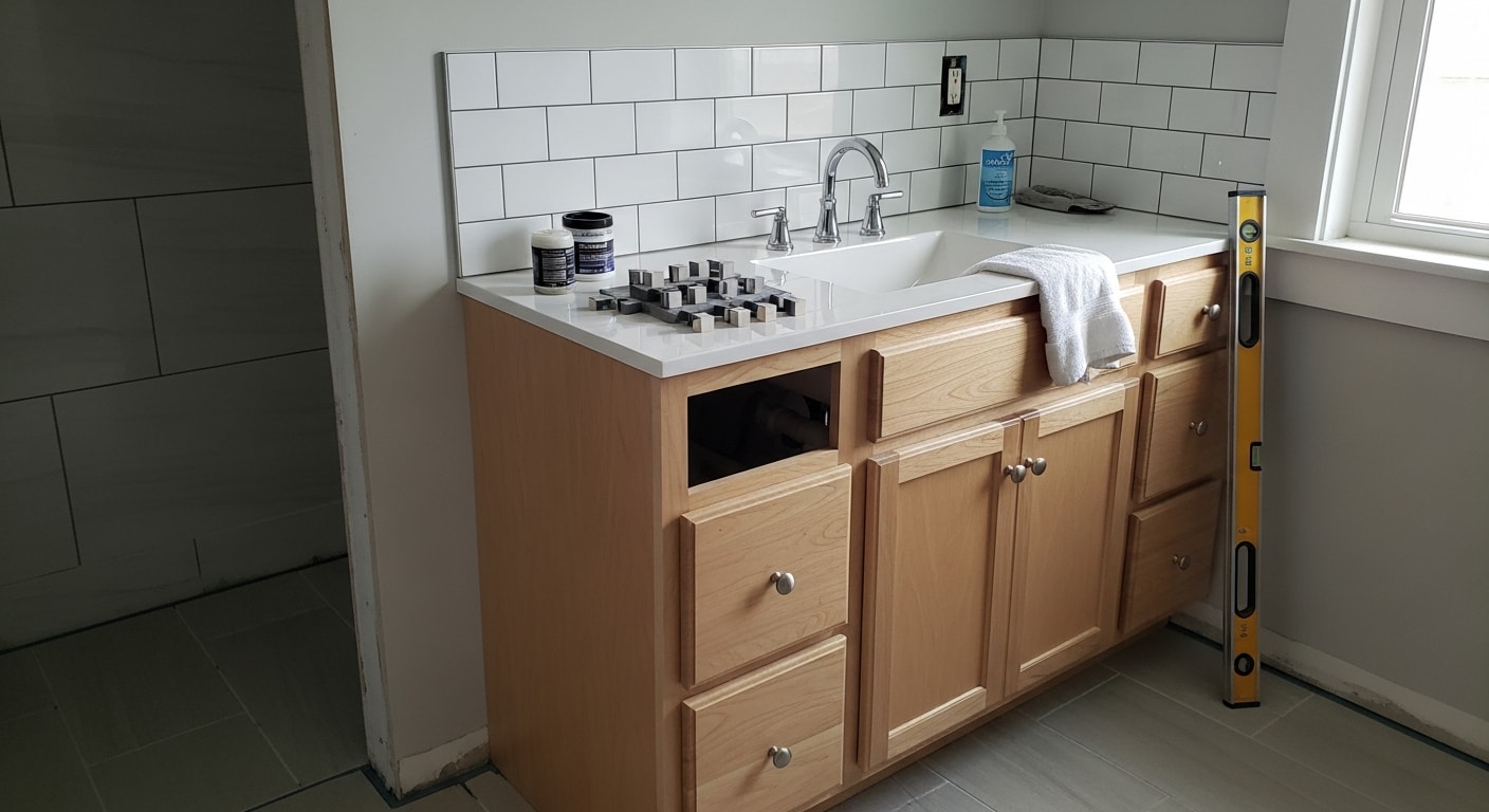 A finished bathroom remodel in a Cincinnati home showing a walk-in shower with tile surround, updated vanity, and new flooring. The space reflects a full renovation completed by JRM Builders for a local homeowner.