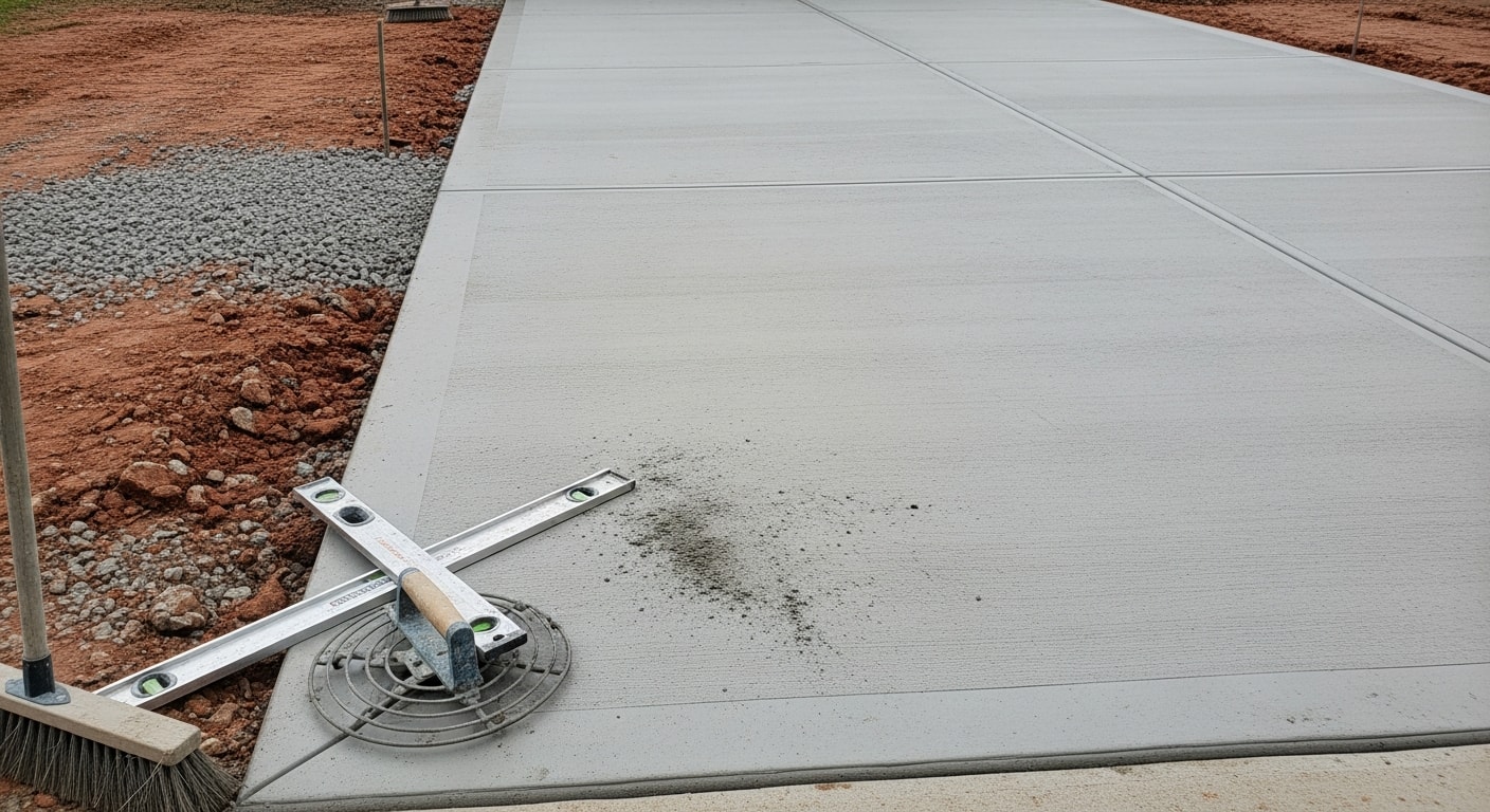 A freshly finished concrete driveway at a Cincinnati residential property, showing a clean broom-textured surface with smooth edges and proper slope. The surrounding yard reflects a typical Cincinnati single-family home setting.