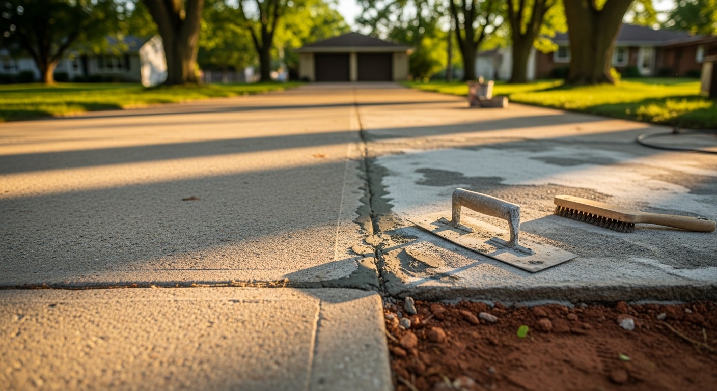 A repaired residential concrete driveway in Cincinnati showing patched cracks and a smooth, level surface. Close-up view of the finished repair work on a typical Cincinnati home exterior.