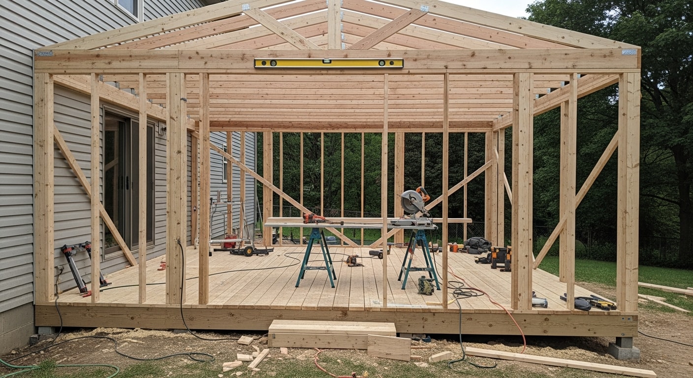 A newly constructed covered porch on a Cincinnati residential home, featuring a gable roof tied into the home's existing roofline and finished wood framing along the exterior. The covered structure extends over a clean porch floor, providing shade and weather protection for the outdoor living area.
