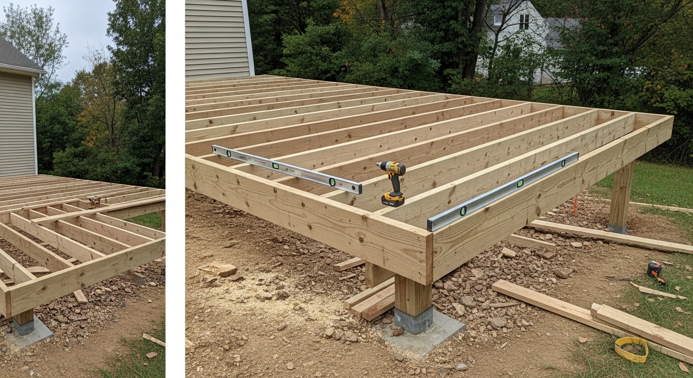 A newly built wood deck attached to the back of a Cincinnati residential home, featuring a railing system and stairs leading to a graded backyard. The deck structure shows clean framing and finished decking boards suited for outdoor living in a Cincinnati neighborhood.