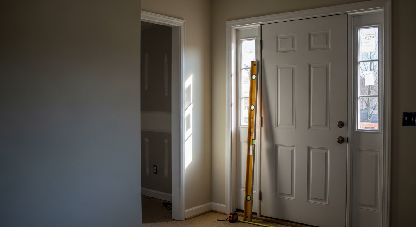 A newly installed exterior entry door on a Cincinnati residential home, with clean trim work and a properly fitted frame. The door is viewed from the front porch, showing flush alignment and finished hardware.