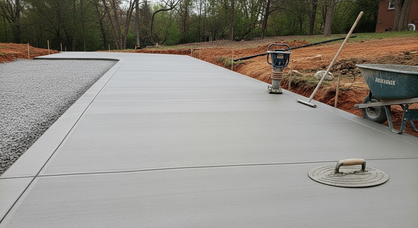 Freshly poured and broom-finished concrete driveway at a Cincinnati residential property, with clean edges, defined expansion joints, and a two-car width leading to an attached garage. The surrounding lawn and home exterior are visible, showing the driveway's fit within a typical Cincinnati neighborhood lot.