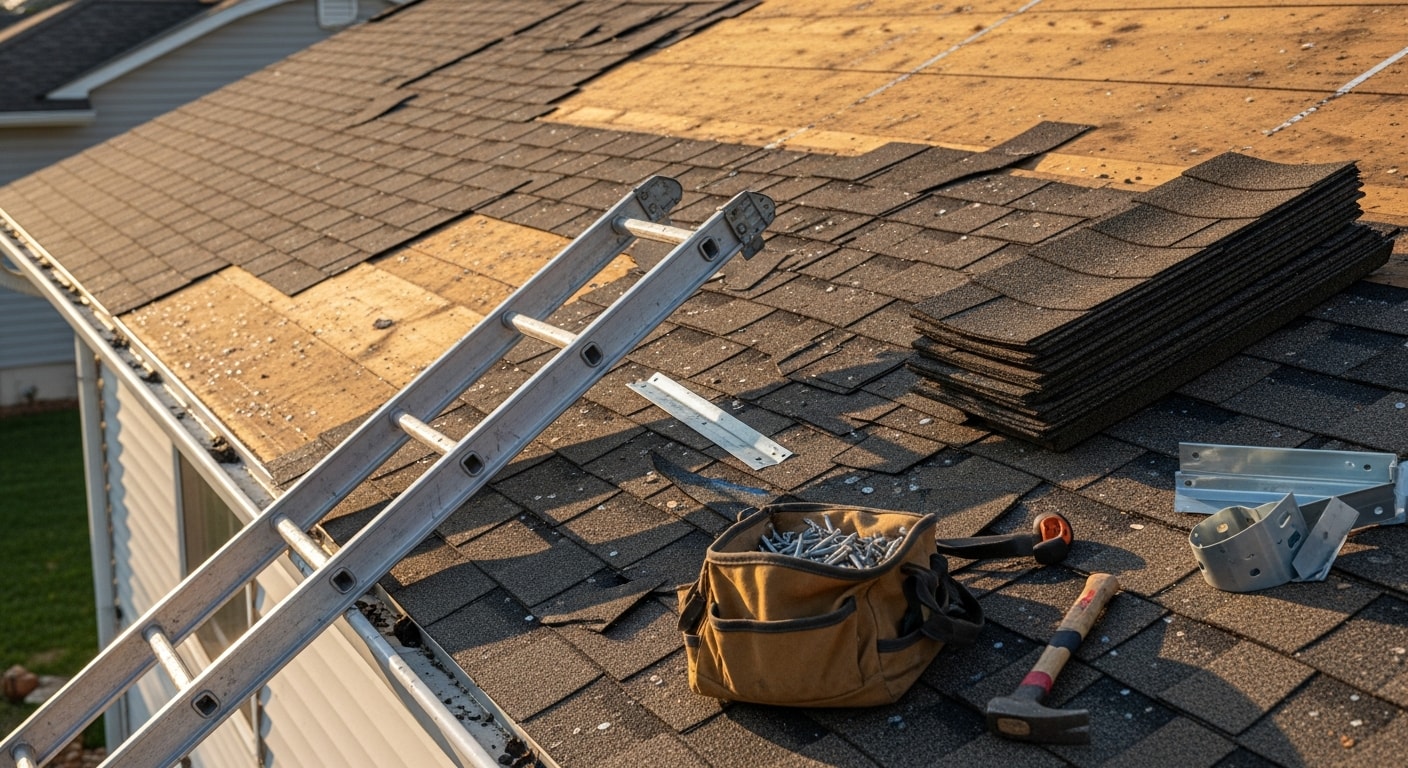 A Cincinnati roofing contractor from JRM Builders inspecting wind-damaged shingles on a residential roof after a storm. Missing shingles and exposed roof deck are visible along the ridge line of a Hamilton County home.