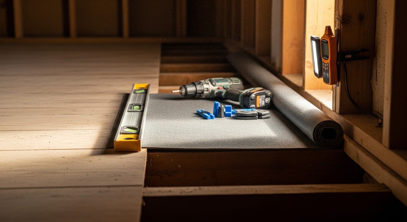 Freshly installed flooring in a Cincinnati home with clean trim lines along the baseboards and natural light from a nearby window. A general contractor's tools and knee pads rest near the wall, showing an active residential flooring installation in progress.