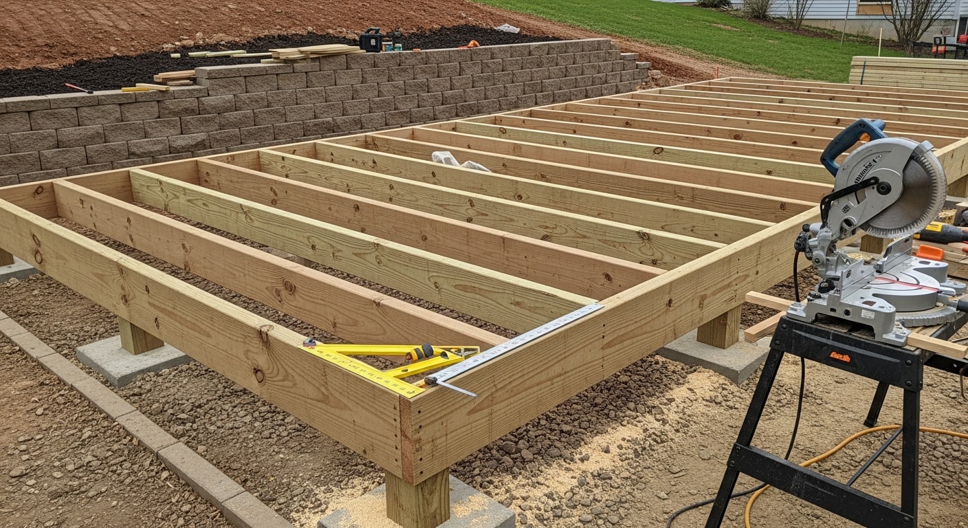 A custom wood and composite deck with a pergola and built-in seating wall constructed by JRM Builders in a Cincinnati backyard. The structure steps down from the home's rear door across a sloped lot toward a ground-level patio area.