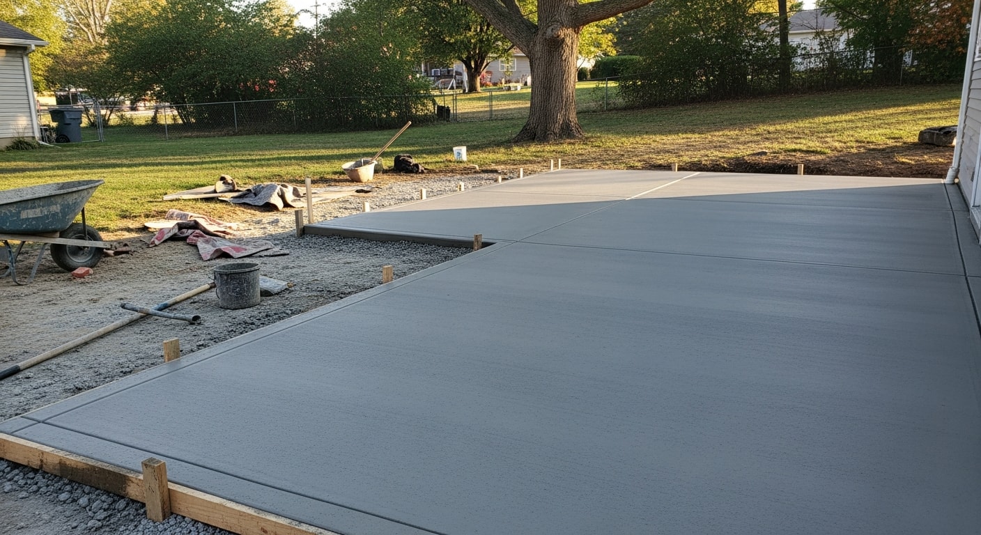 A freshly poured concrete patio in a Cincinnati backyard, showing a smooth broom-finish surface with clean edges adjacent to a residential home. The slab is sized for outdoor seating and extends from the back door across a level graded yard.