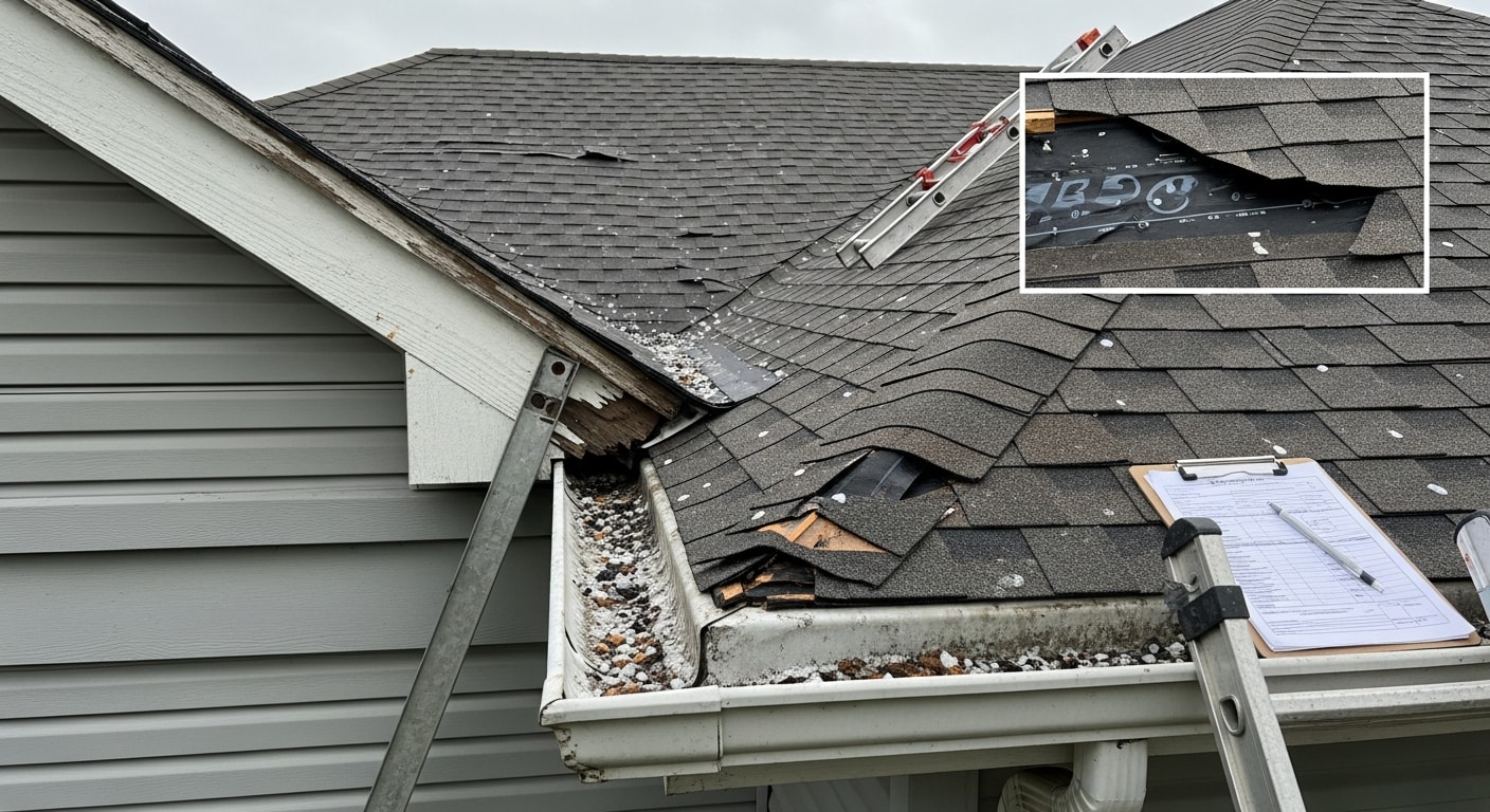 A Cincinnati residential roof with missing shingles and visible hail impact marks on asphalt after a severe spring storm. A JRM Builders crew member inspects the damaged roof plane from a ladder positioned along the eave.