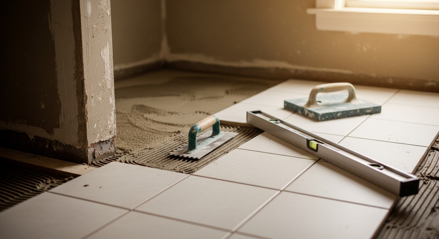 Freshly installed floor and wall tile in a Cincinnati bathroom remodel by JRM Builders LLC, showing consistent grout lines and a clean finished edge at the base of a shower surround.