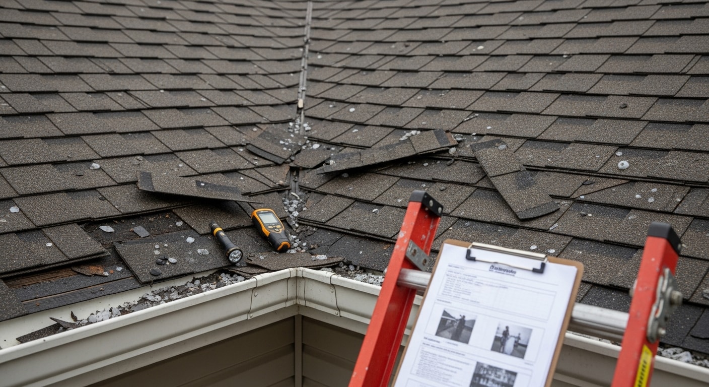 JRM Builders roofing contractor inspecting hail damage and granule loss on a residential roof in Cincinnati, Ohio. Close-up view of impact marks on shingles with gutters and fascia visible below.